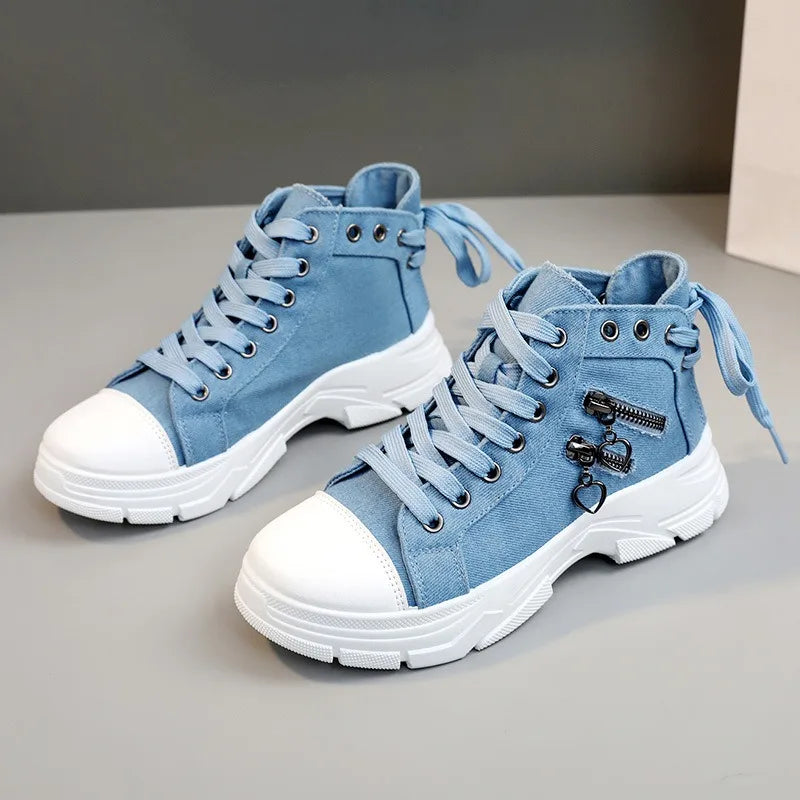 Womens High Top Denim Sneakers Skull Metal Decor Vintage Casual Shoes
