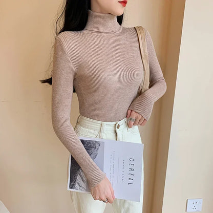 2025 Autumn Winter Women S Thick Ribbed Knitted Turtleneck Sweater Slim Fit Long Sleeve Pullover Soft Warm