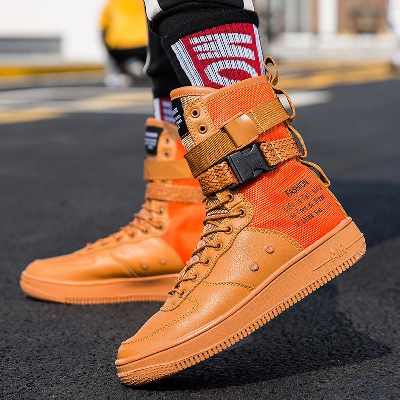 Orange Line Lace Up High Quality Men Leather Boots