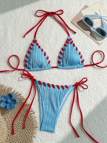 Wrinkled Weave Edge Two Piece Halter Bikini