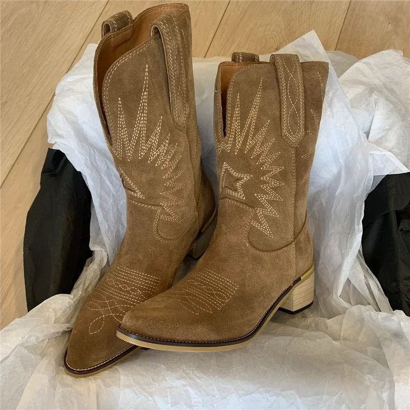 Handmade Leather Womens Boots With Natural Embroidery Pointed Toe Spike Heel Western Retro Style For Autumn Winter 2025