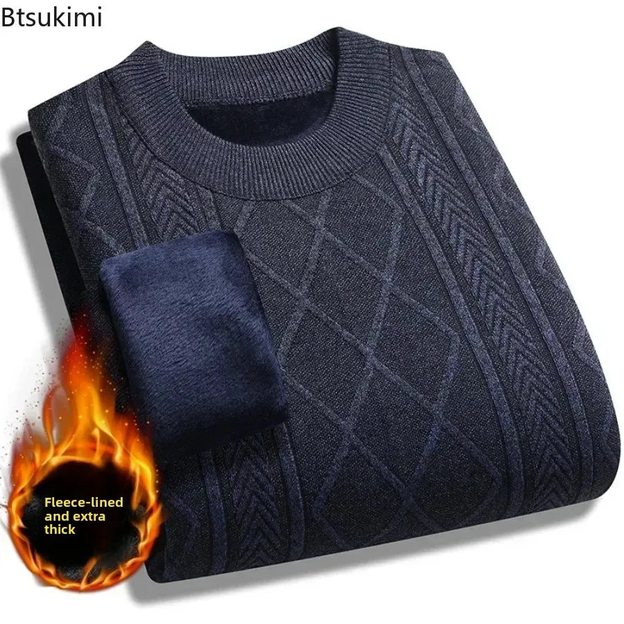 2025 Mens Casual Warm Sweater Solid Plush Knitted Pullover Autumn Winter Thickened Versatile Top