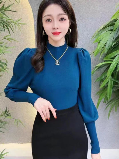 Elegant Aesthetic: Chic Puff Sleeve Mock Neck Knit