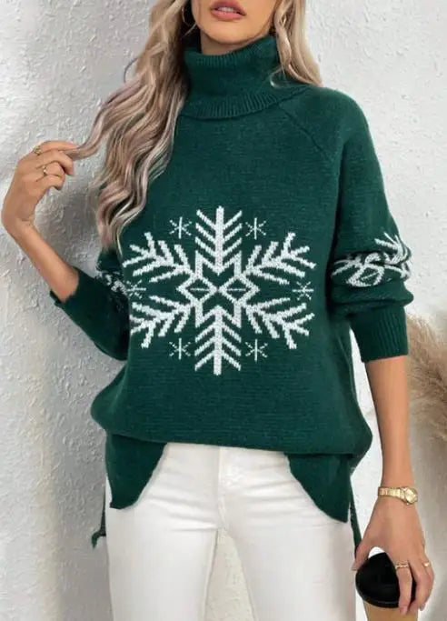 Womens Turtleneck Snowflake Knit Sweater Autumn Winter Style