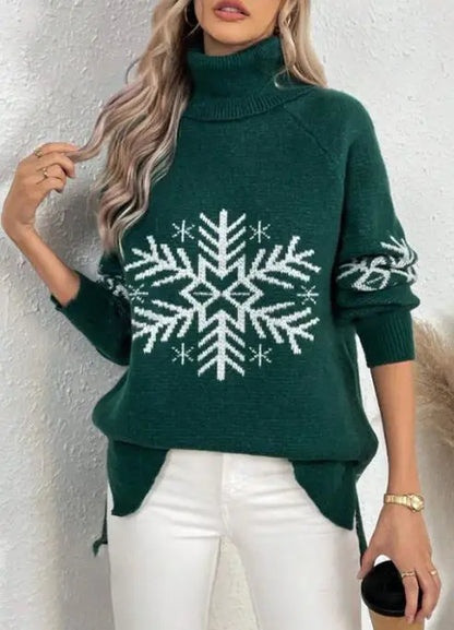 Womens Turtleneck Snowflake Knit Sweater Autumn Winter Style