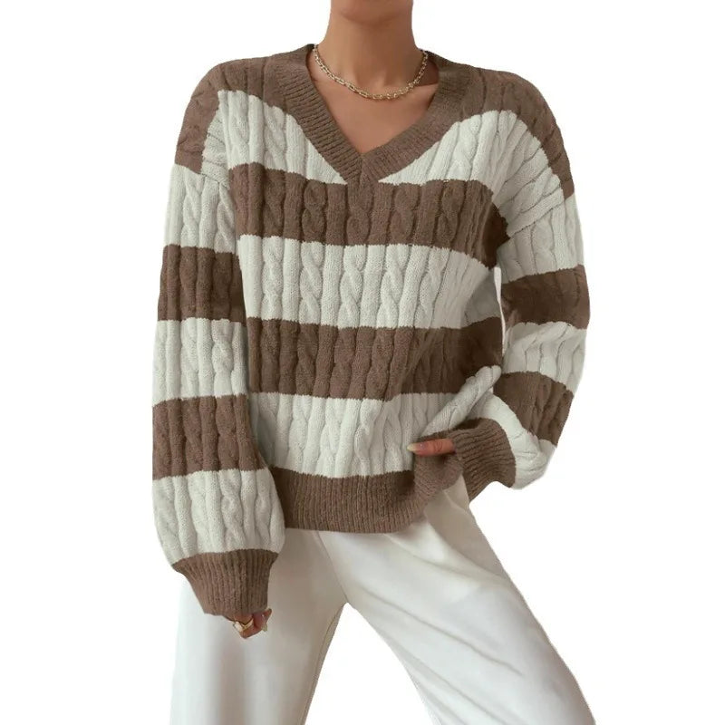2025 Womens Stripe Knitted Sweater Long Sleeve V Neck Cropped Top Loose Fit Spring Versatile Warm Knit