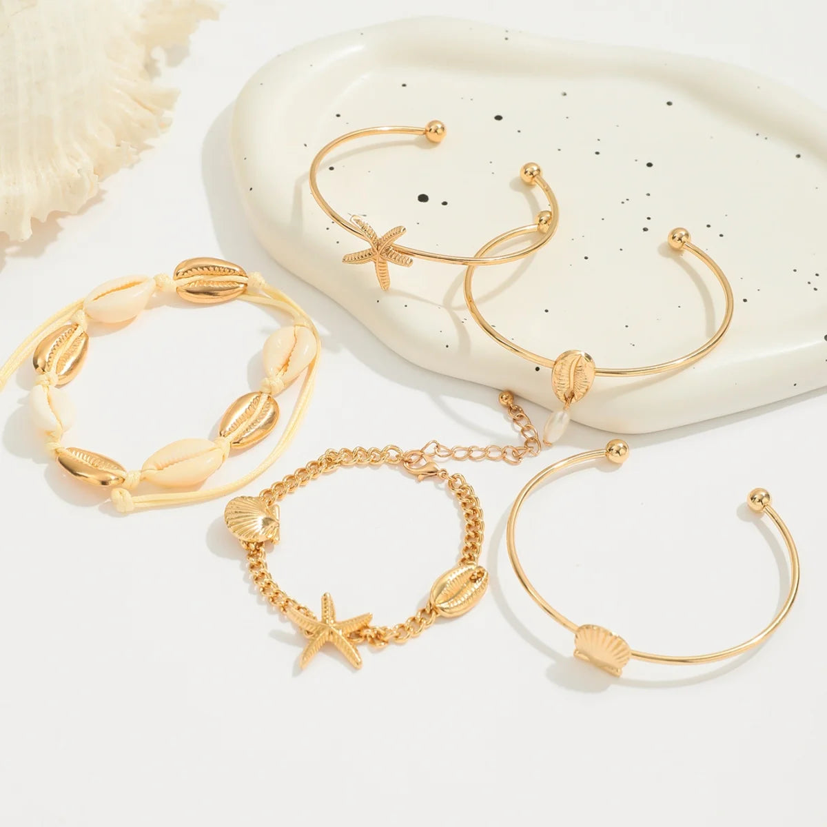 Greek Goddess Vibes - Elegant Gold Sea Shell Charm Bracelet Stack