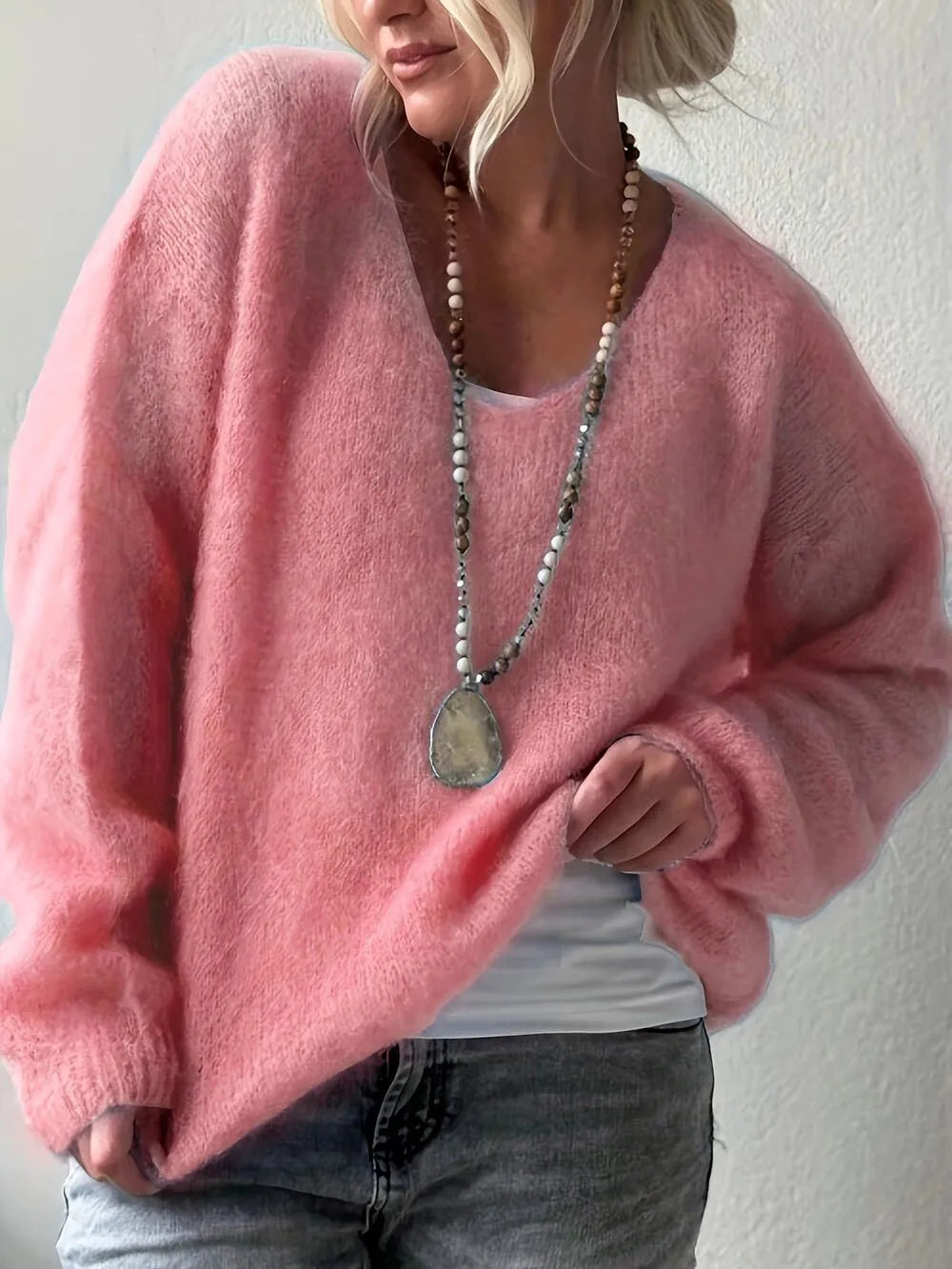 Loose V Neck Loungewear Pullover For Women Autumn Winter Fashion Sweater With Long Raglan Sleeves New Patchwork Solid Ladies Tops