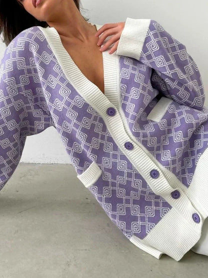 Geometric Jacquard V-Neck Knit Cardigan – Oversized 2025 Autumn/Winter