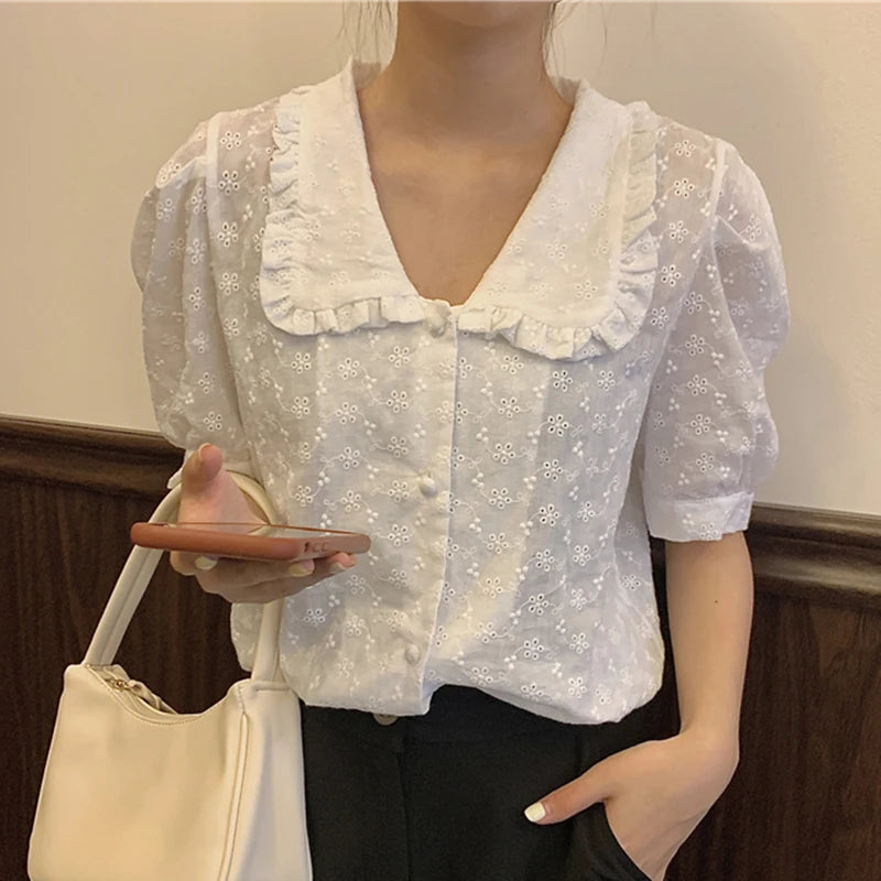 Womens Spring Summer Cotton Blouse Peter Pan Collar Printed Sleeveless Top Loose Fit Korean Style Shirt