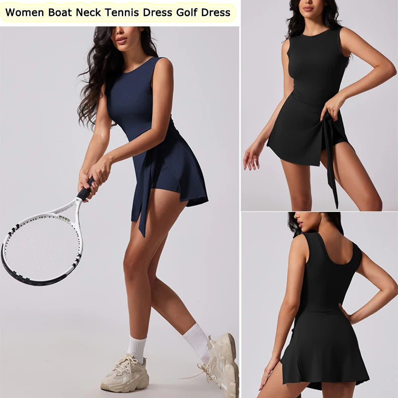 Women’s Tennis Dress with Built-In Shorts – Sleeveless Athletic Skort Dress