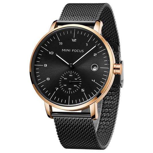 Mens Three Mini Dial Black Slim Analog Watch