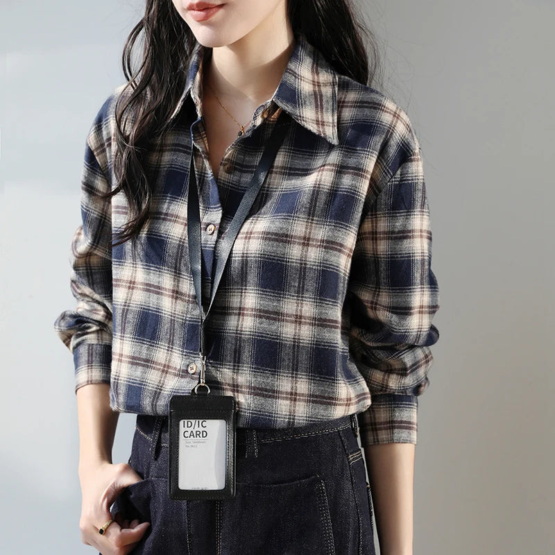 Chic Korean Plaid Blouse Sweet Autumn Casual Style