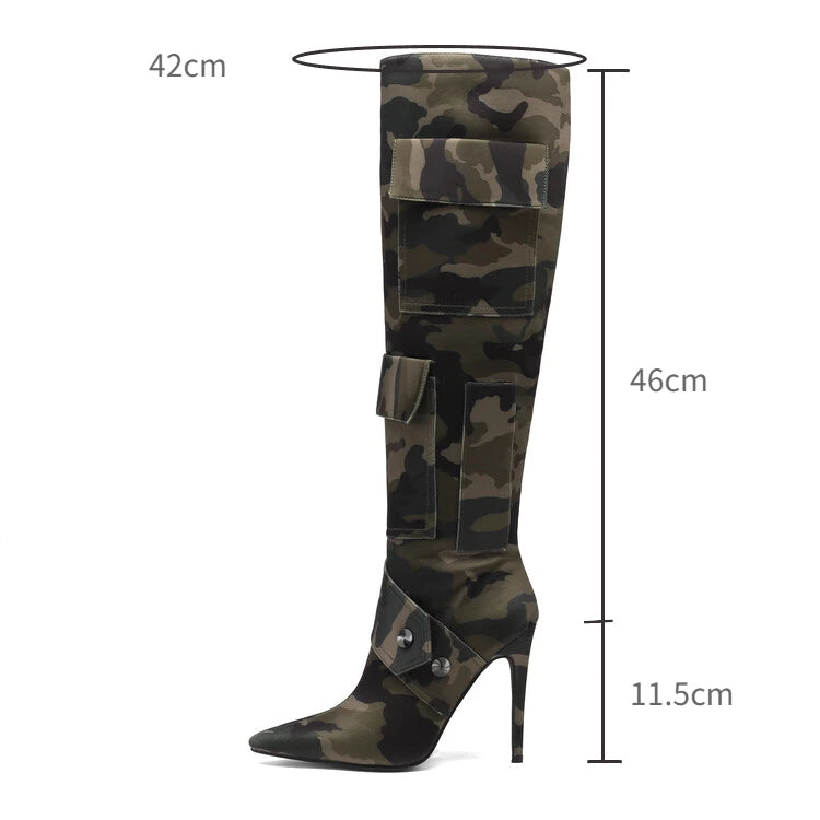 Designer Camouflage Themed Knee Length High Heel Boots