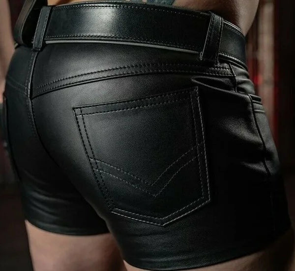 New Summer Fashion Black Men Leather Shorts