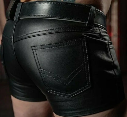 New Summer Fashion Black Men Leather Shorts