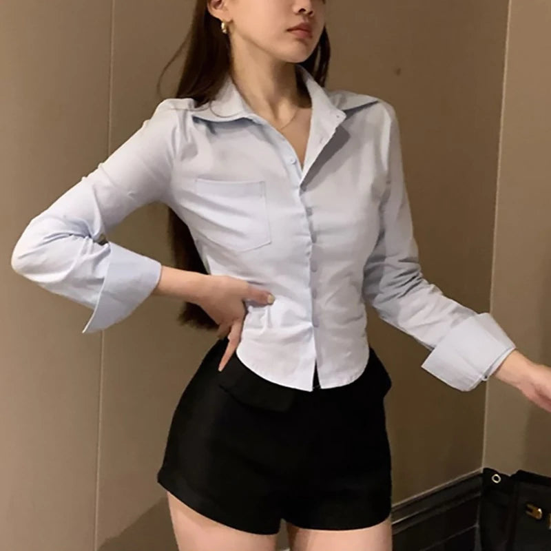 2024 Spring Office Lady White Shirt Korean Style Slim Button Up Work Blouse For Women