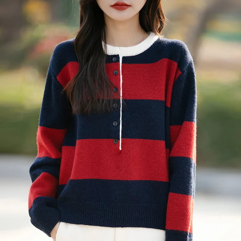 2024 Autumn Winter Womens Striped O Neck Sweater O Neck Long Sleeves Oversized Fit