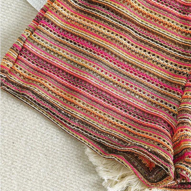 Boho Multi-Color Striped Crochet Bikini and Shorts Set Aesthetic