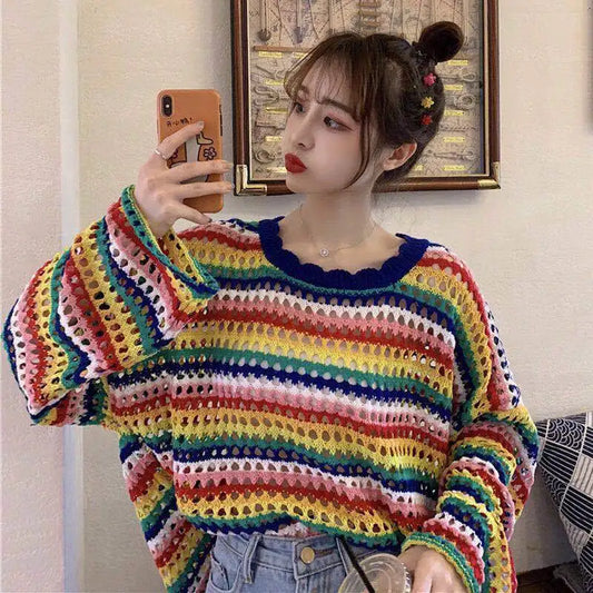 Women Rainbow Colorful Stripe Sweaters