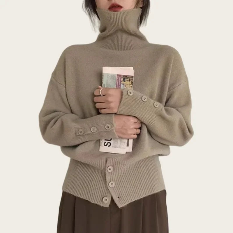 Solid Turtleneck Long Sleeve Pullover For Women