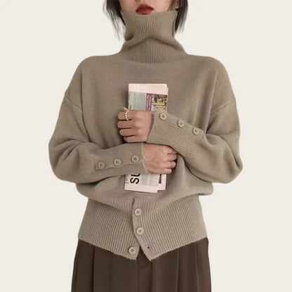 Solid Turtleneck Long Sleeve Pullover For Women