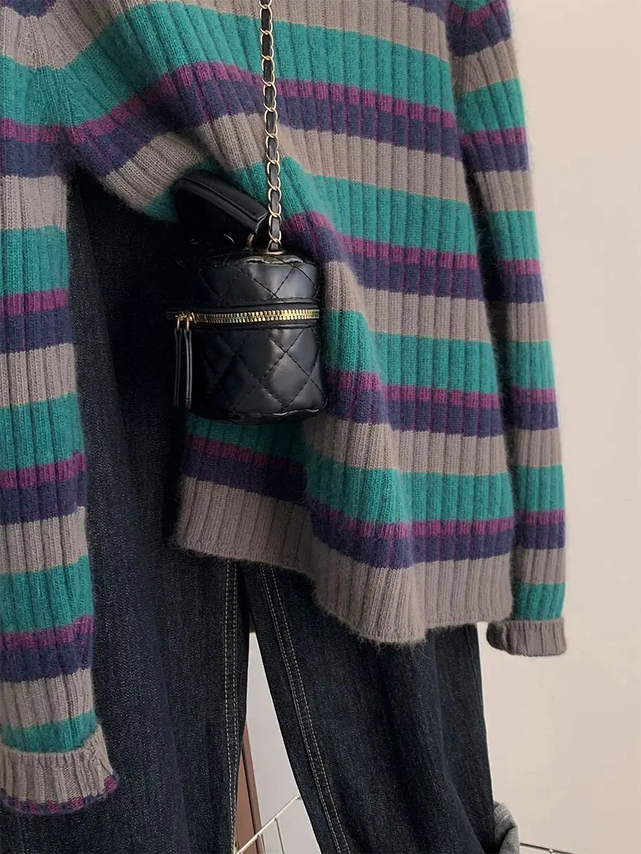 Oversized Sweater Striped Turtleneck Knit Pullover