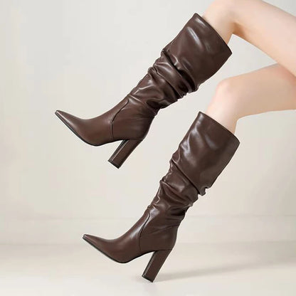New Fashion Women Winter Knee Boots Chunky Heels Pointed Toe Pretty Green Party Shoes