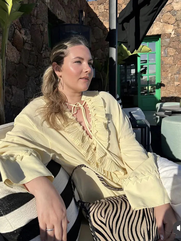 2025 Summer Fashion Vintage Womens Solid Ruffle Blouse Casual Sweet Elegant Top For Youth