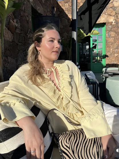 2025 Summer Fashion Vintage Womens Solid Ruffle Blouse Casual Sweet Elegant Top For Youth