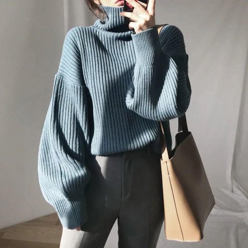 Autumn Winter Elegant Contrast Turtleneck Sweater Womens Loose Fit Long Sleeve Knitted Pullover Top