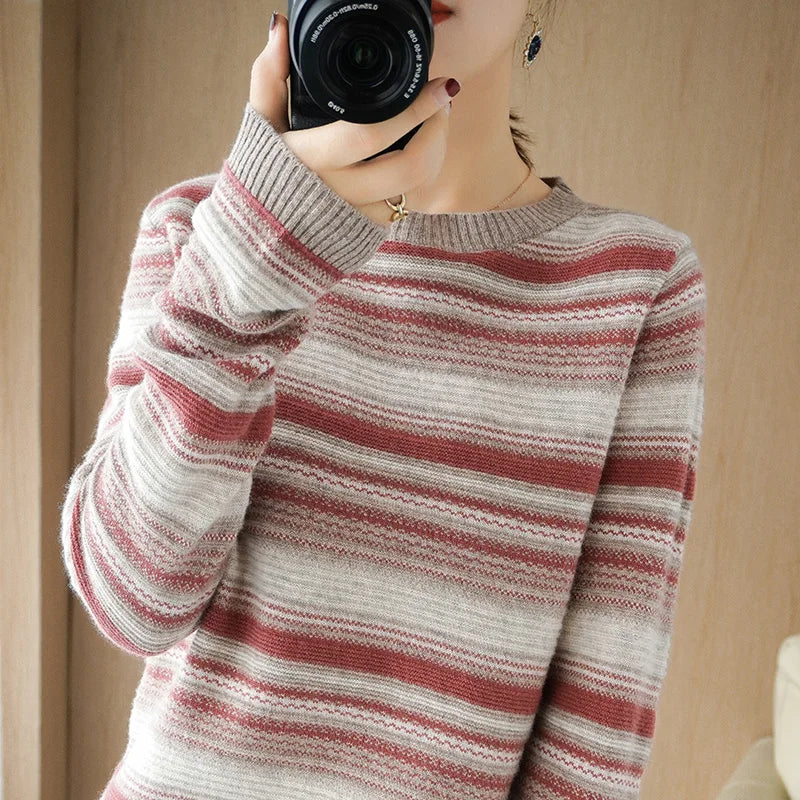 2024 Autumn Winter Womens Striped O Neck Sweater O Neck Long Sleeves Oversized Fit