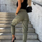 High Waist Cargo Pants: Solid Color with Pocket and Button Details