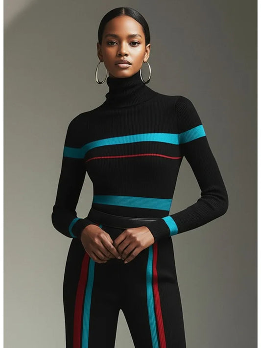 Women Turtleneck Stretch Striped Sweaters