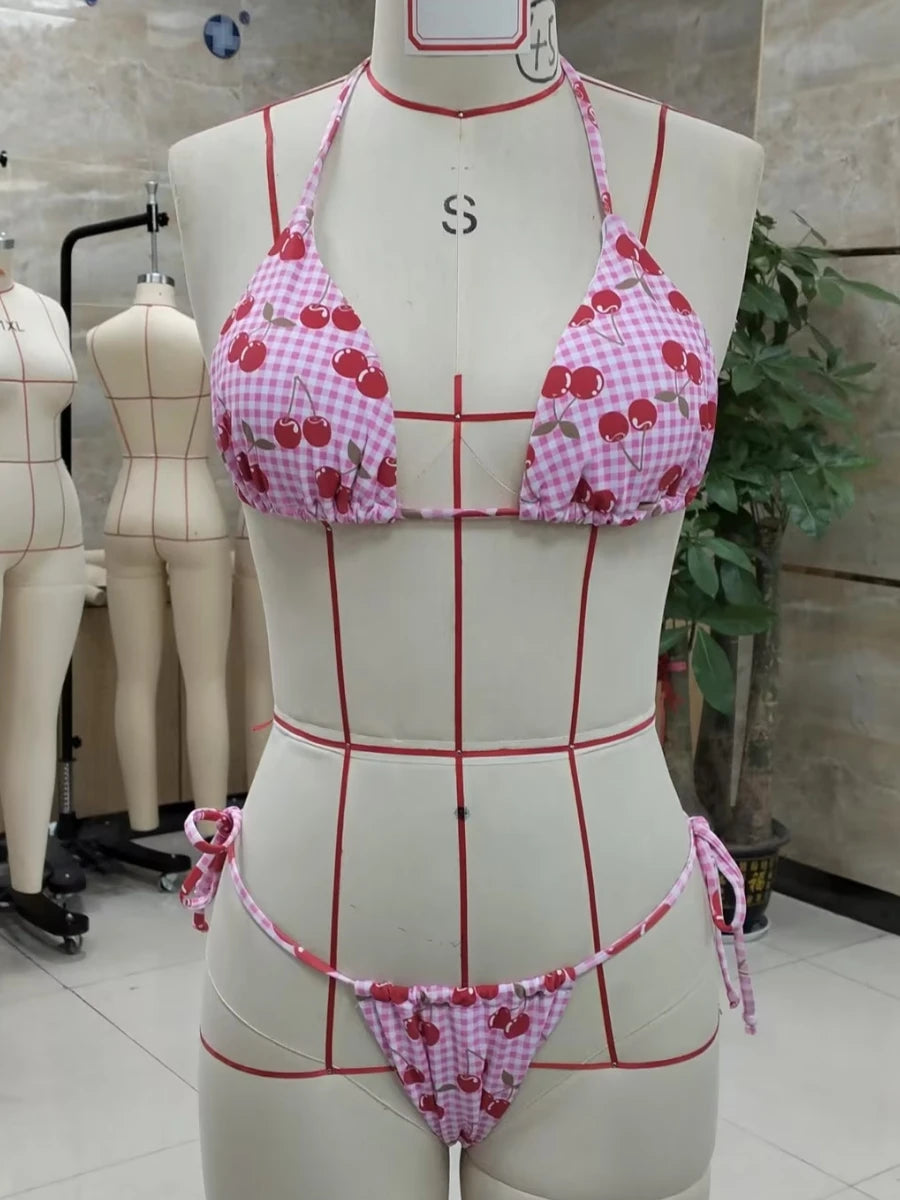 Sweet Summer Pink Gingham & Cherry Print Bikini Aesthetic