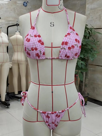 Sweet Summer Pink Gingham & Cherry Print Bikini Aesthetic
