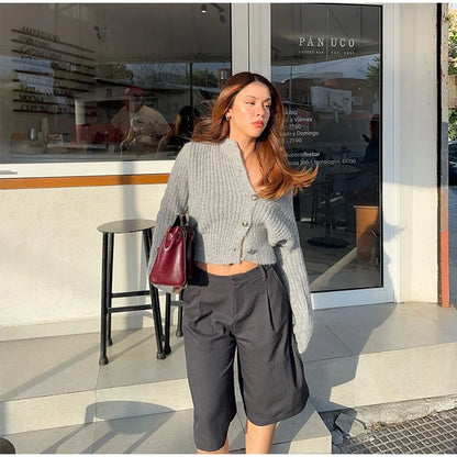 Elegant Gray Knit Cardigan for Women – 2025 Autumn Streetwear