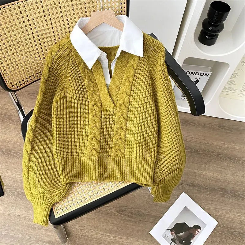 Chic Autumn Style Fake Two Pieces Long Sleeve V Neck Sweaters