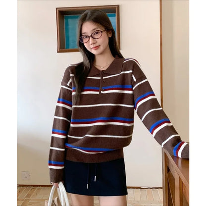 Striped High Collar Pullover Sweater For Women Color Matching Long Sleeve Zipper Top New Autumn Winter Style
