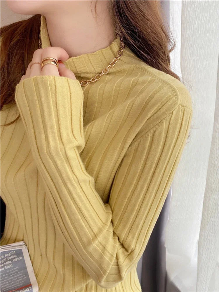 2025 High Neck Ribbed Knitted Sweater Women S Autumn Winter Slim Fit Long Sleeve Pullover Basic Casual Tops
