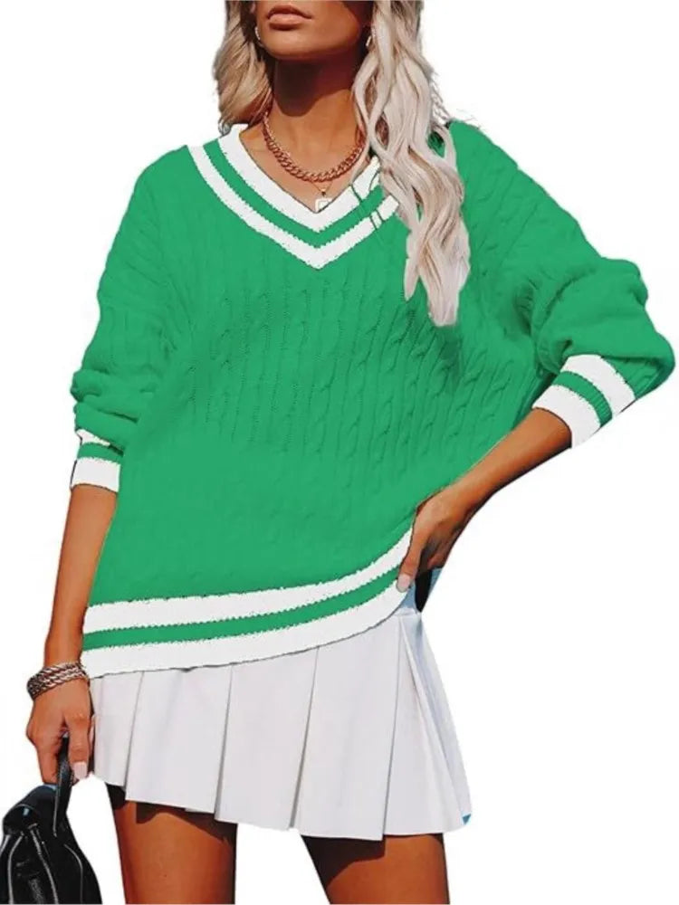 Autumn Winter V Neck Pullover Striped Sweater For Women Loose Comfortable Color Blocking Casual Trendy Knitted Tops