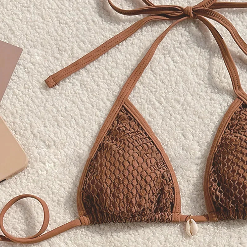 Chic Brown Mesh Bikini and Sarong Set for the Ultimate Coastal Aesthetic