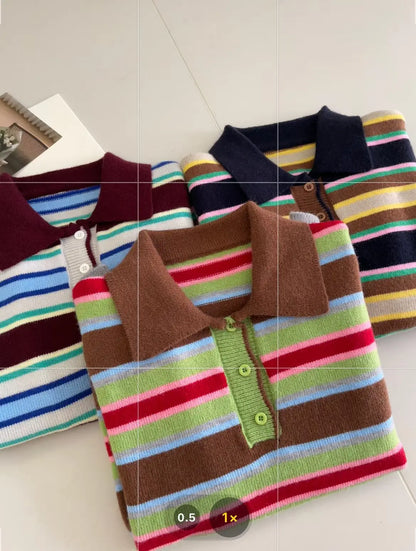 Vintage Cool Design Contrast Stripe Lace Up V Neck Sweater