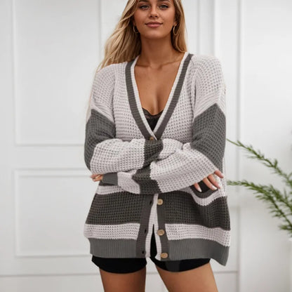 Color Block Striped Knit Cardigan – Women’s Winter Sweater