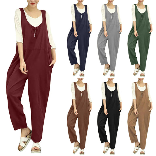 Multi Color Retro Casual Rompers For Women Cotton Suspender Jumpsuit Wide Leg Pants Pockets Loose Fit Summer