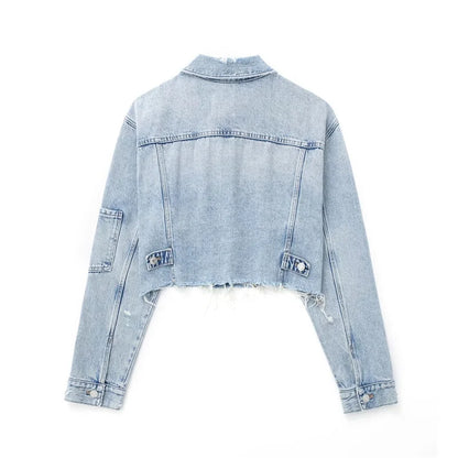 High Street Style Woman Casual Blue Cropped Denim Jacket