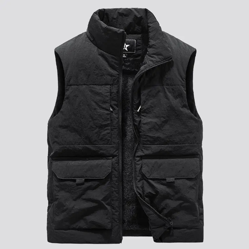 Mens Military Fleece Vest Multi Pocket Sleeveless Jacket For Winter Warmth In Black