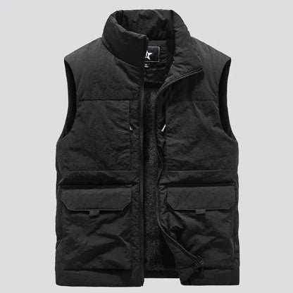 Mens Military Fleece Vest Multi Pocket Sleeveless Jacket For Winter Warmth In Black