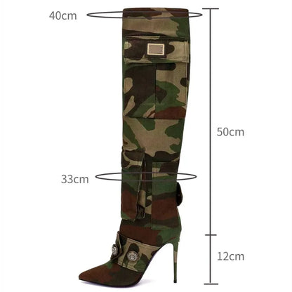 Designer Camouflage Themed Knee Length High Heel Boots