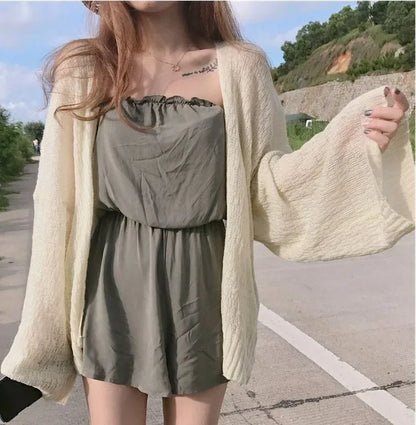 Korean Cropped Knit Cardigan – Hollow Summer Sweater for Women